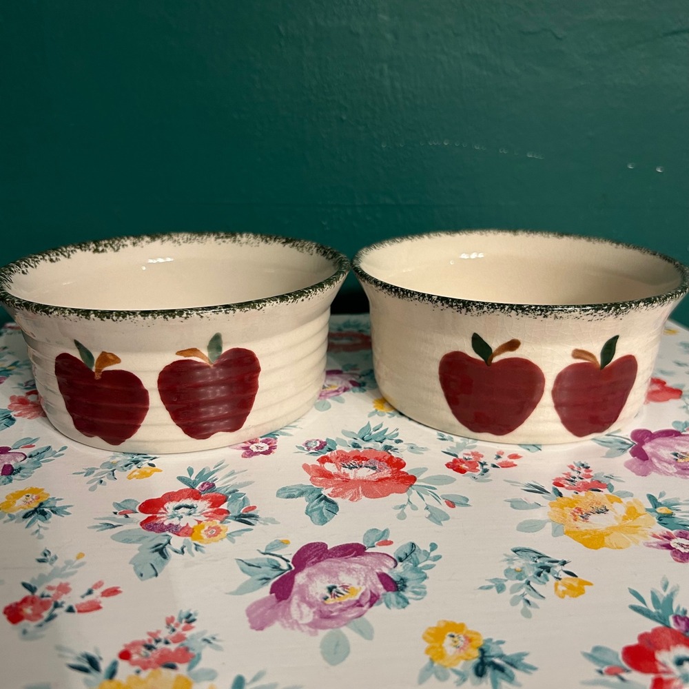 Alco Industries Apple Ceramic Ramekin Bowls Set of 2 Farmhouse Red Green Cream